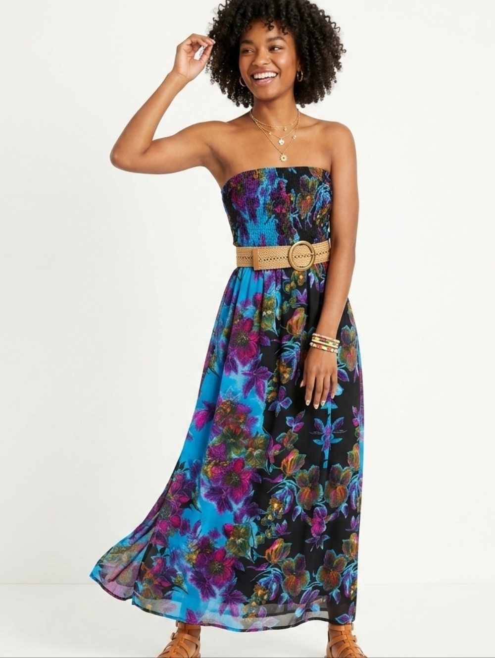 Fun & Flirt Tropical Floral Maxi Dress - Blue and Black